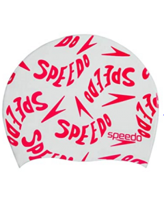 SPEEDO SWIMWEAR JUNIOR 100% SILICON SLOGAN PRINTED SWIMCAP WHITE-LAVA RED -  808386C906